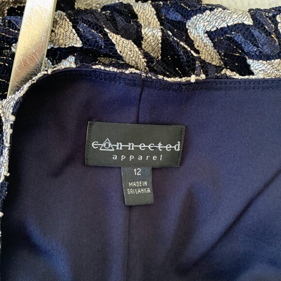 Connected Apparel Navy Blue and Gold Dress with Vegan Leather Belt - Size 12 - Picture 4 of 7